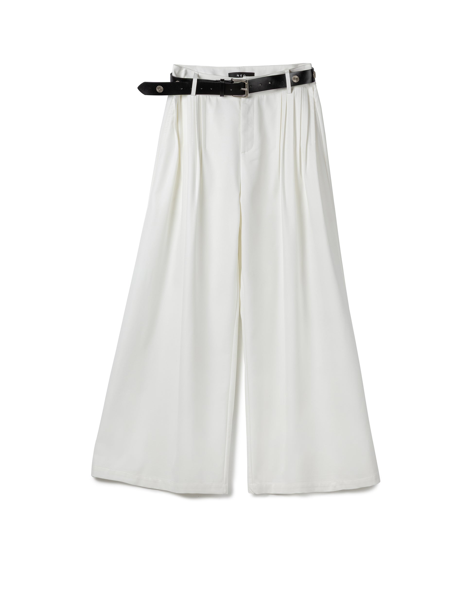 Studded-Belt Pleated Wide-Leg Trousers