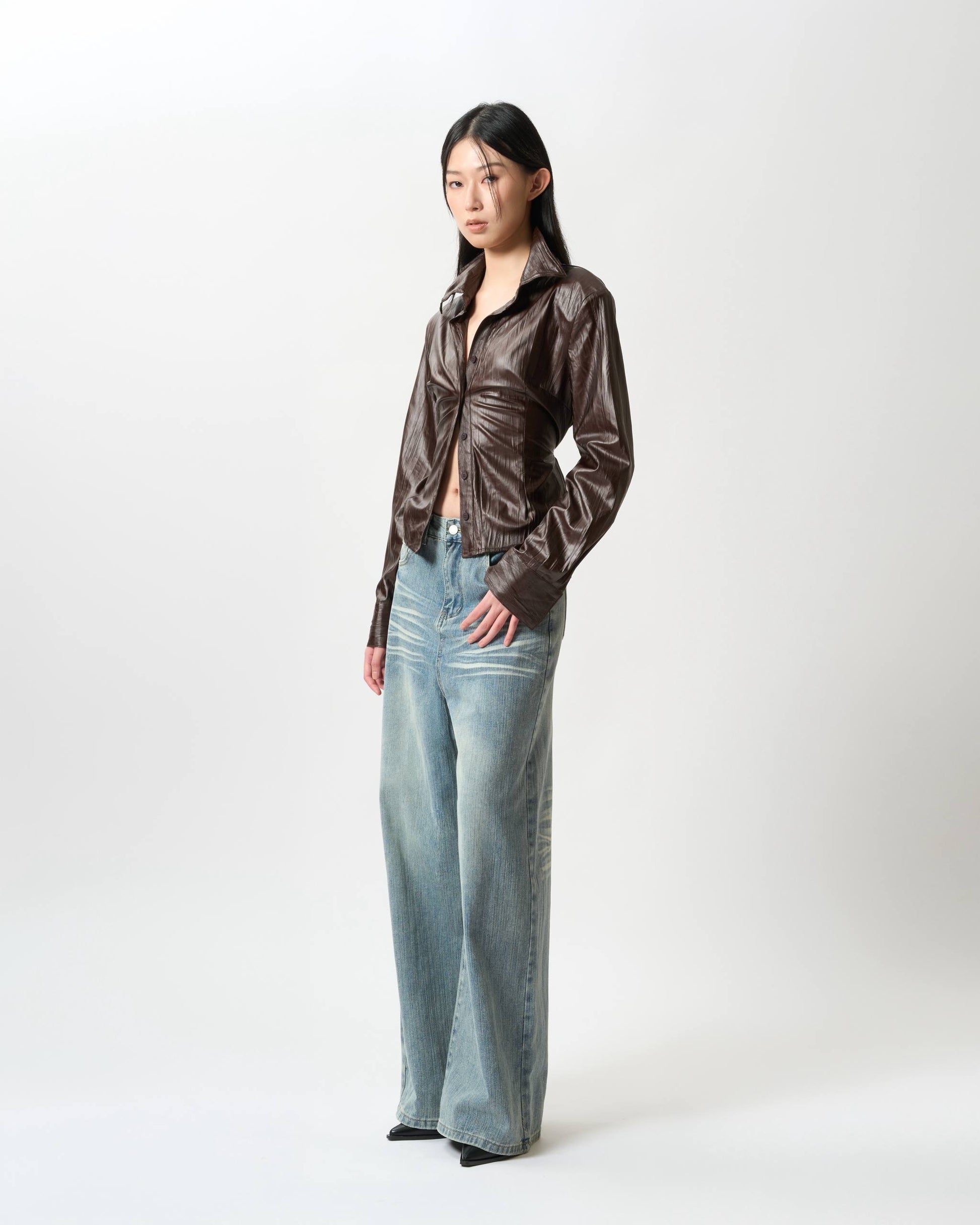Ruched Patent-Finish Leather Shirt