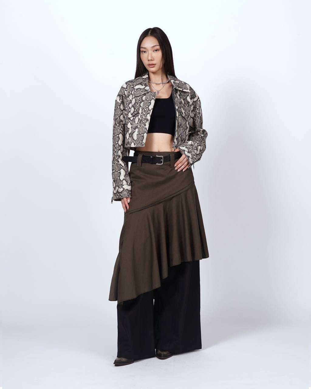 Asymmetric Pleated Skirt with Belt