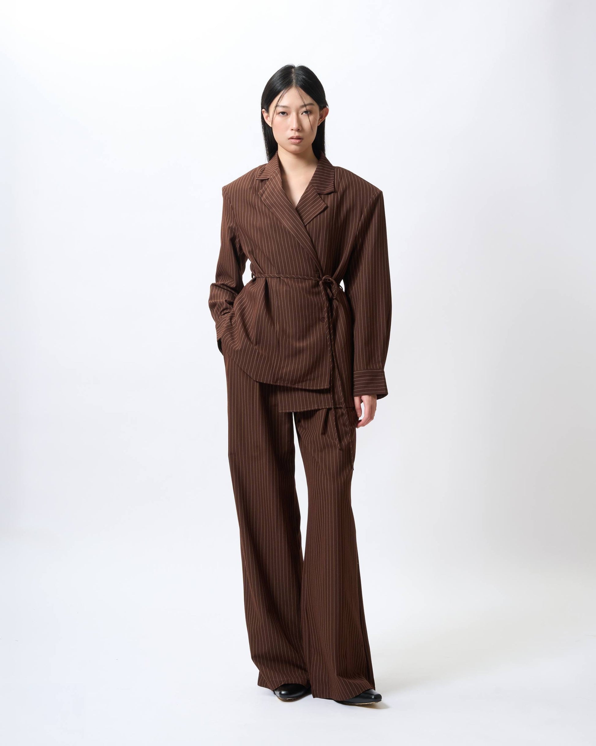 Tailored Pinstripe Tie-Front Blazer