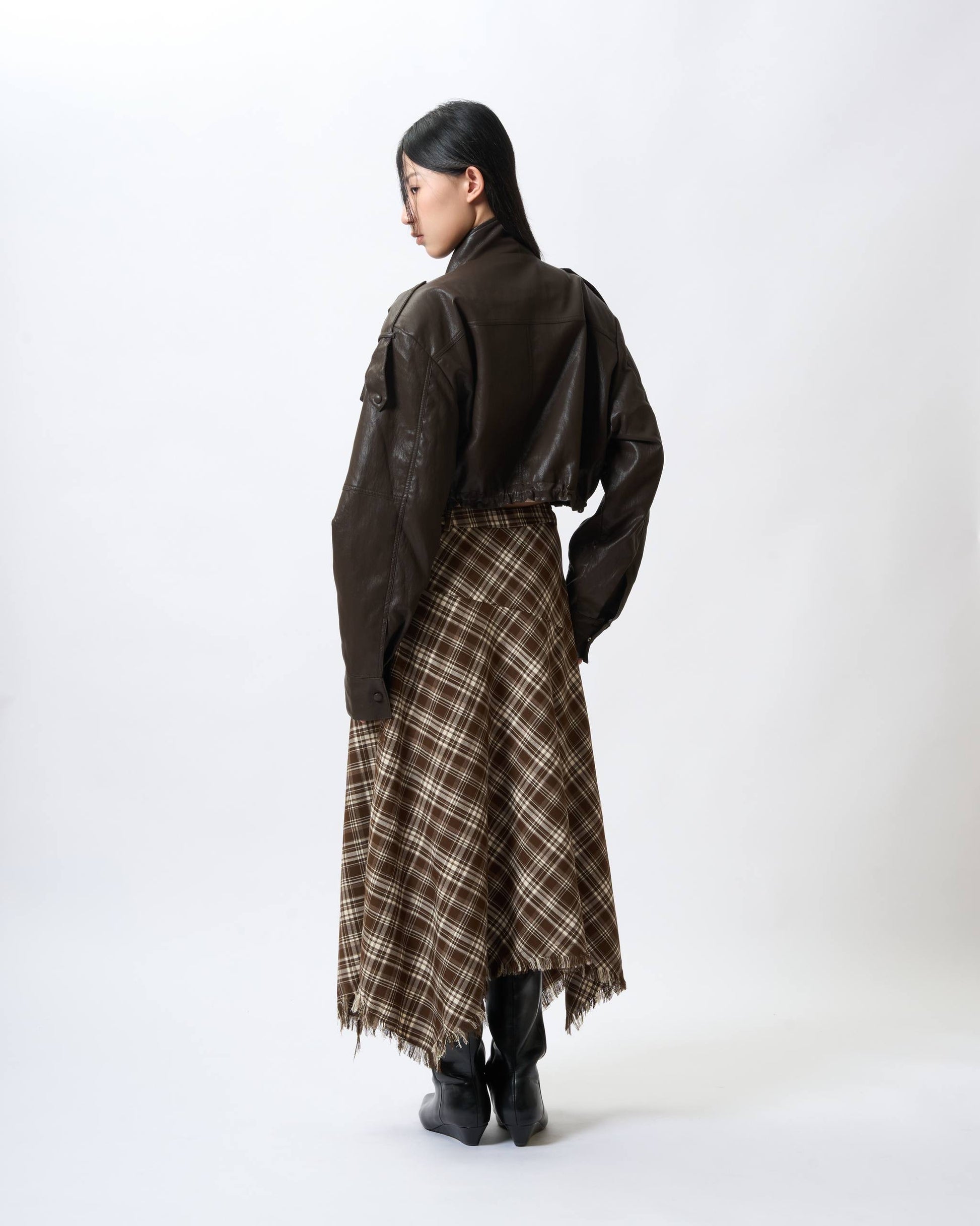 Asymmetric Fringed Plaid Skirt