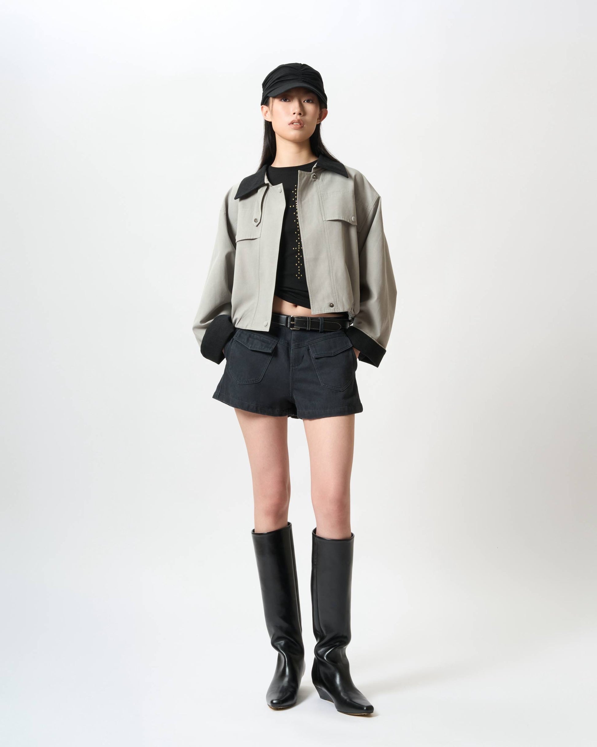 Contrast-Collar Cropped Blouson Jacket
