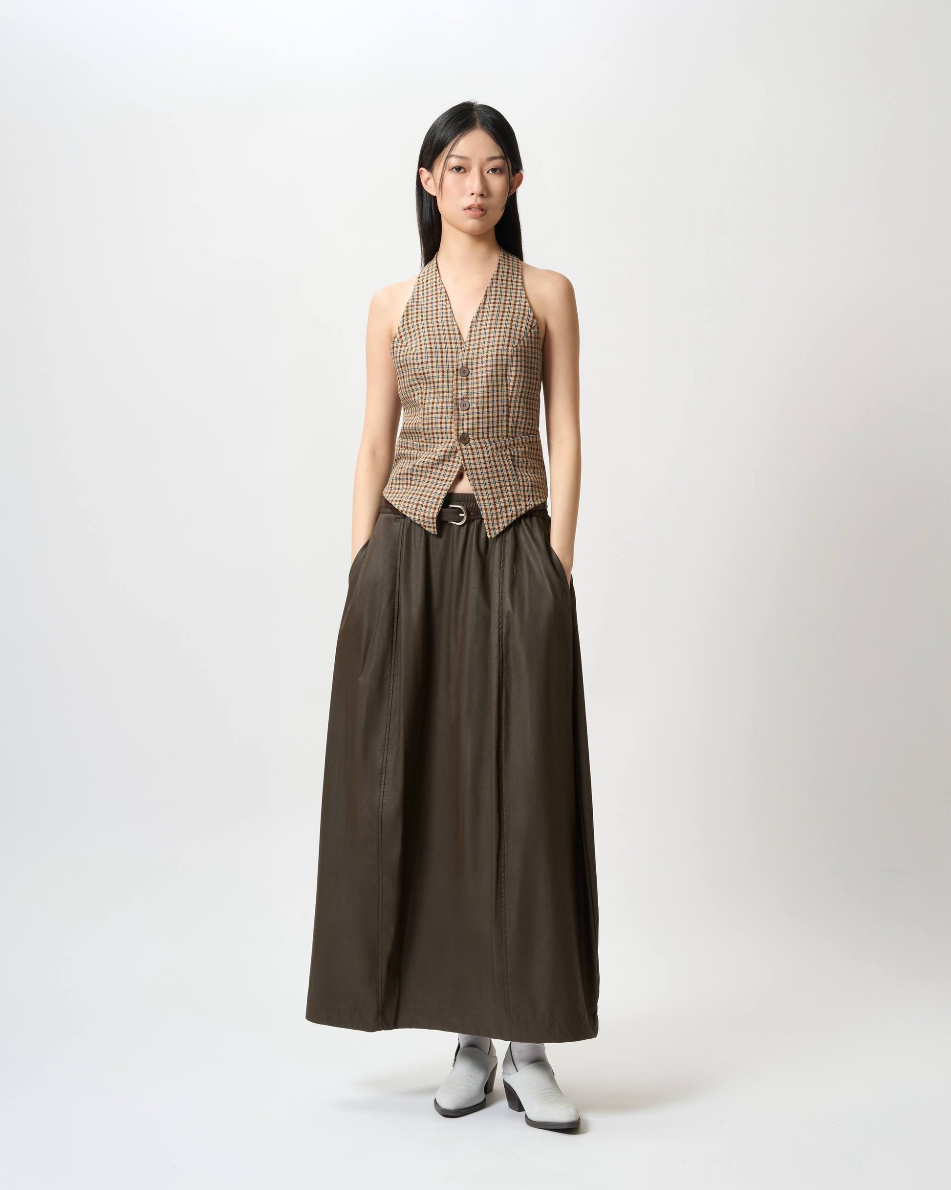 Elegantly Gathered Coated Maxi Skirt