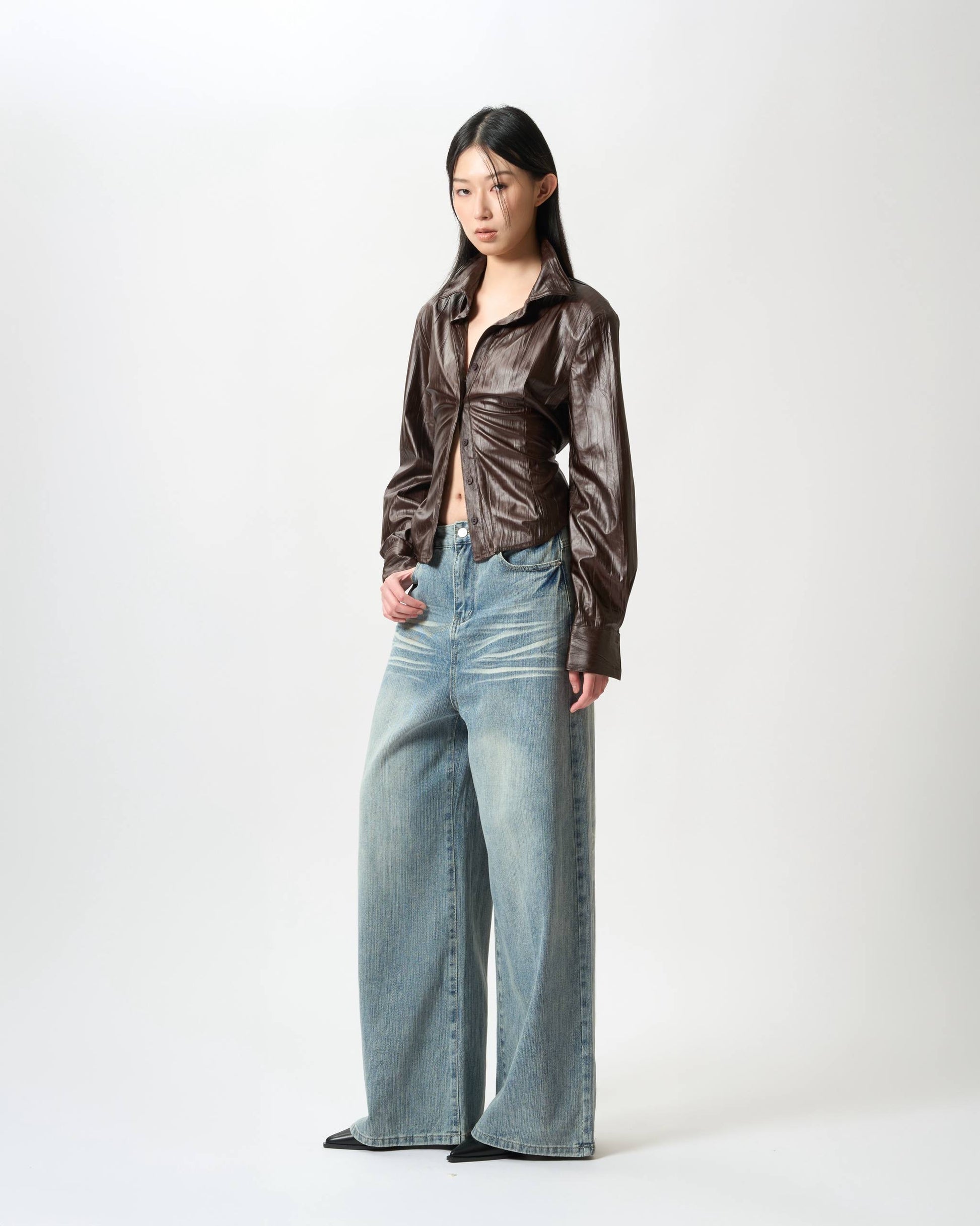 Ruched Patent-Finish Leather Shirt