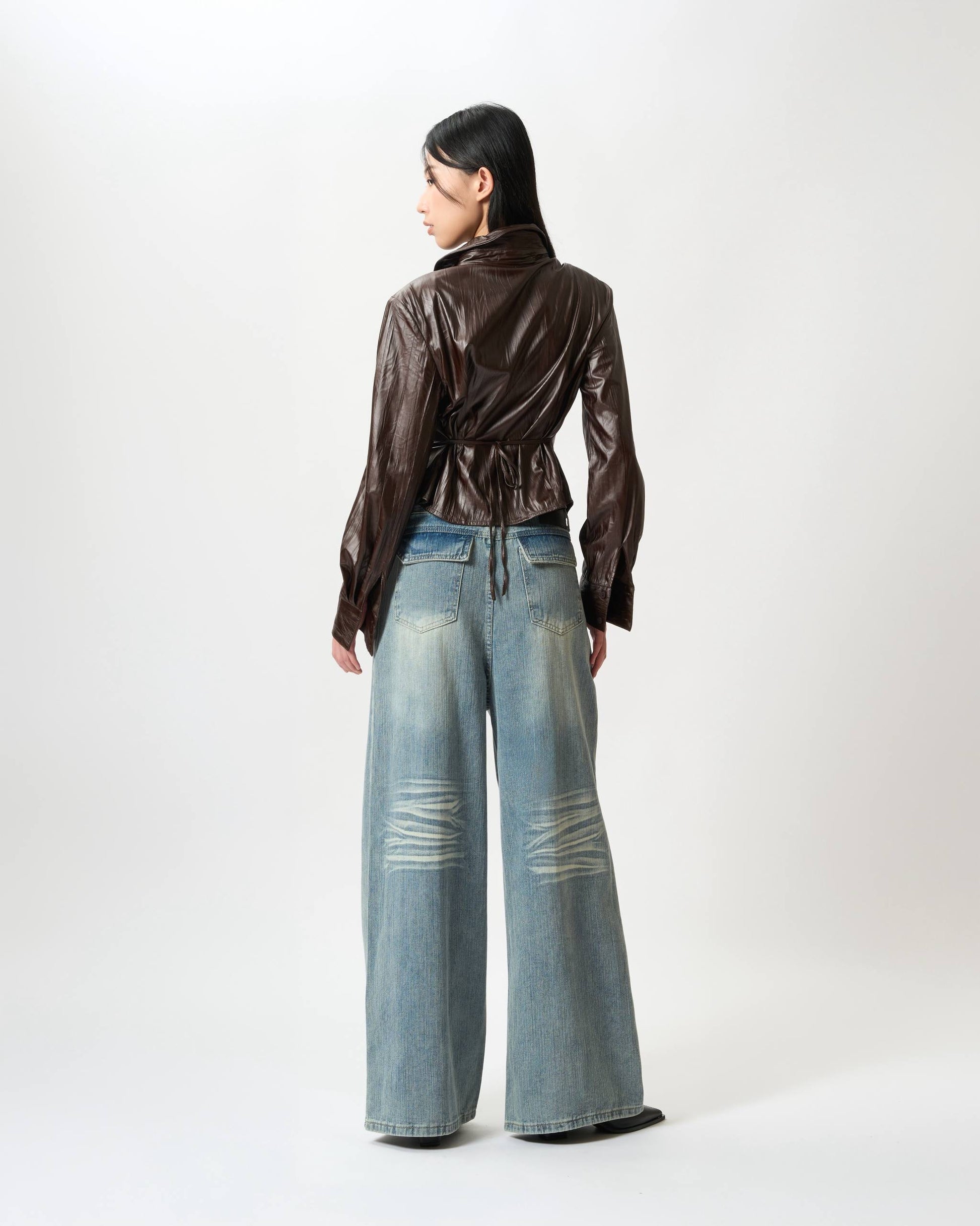 Ruched Patent-Finish Leather Shirt