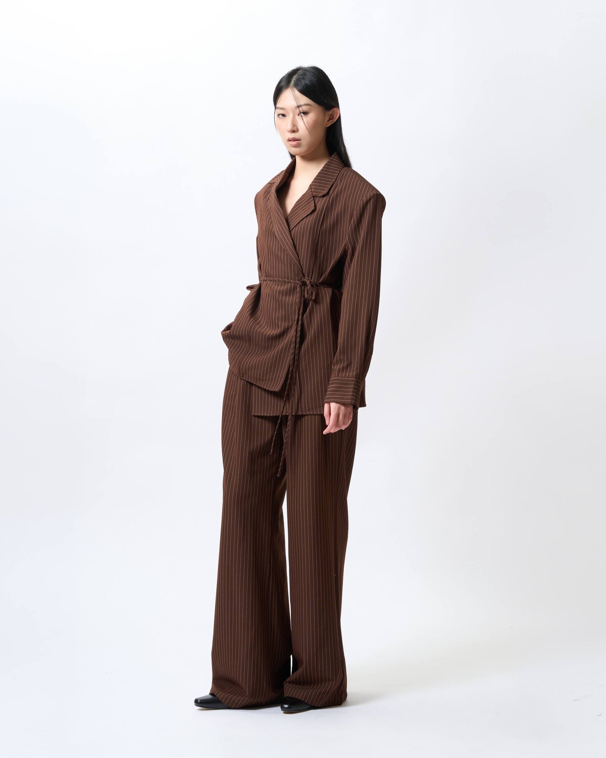 Tailored Pinstripe Tie-Front Blazer