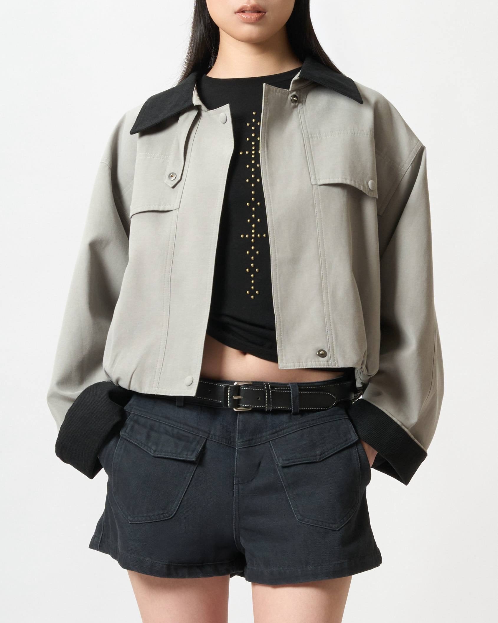 Contrast-Collar Cropped Blouson Jacket