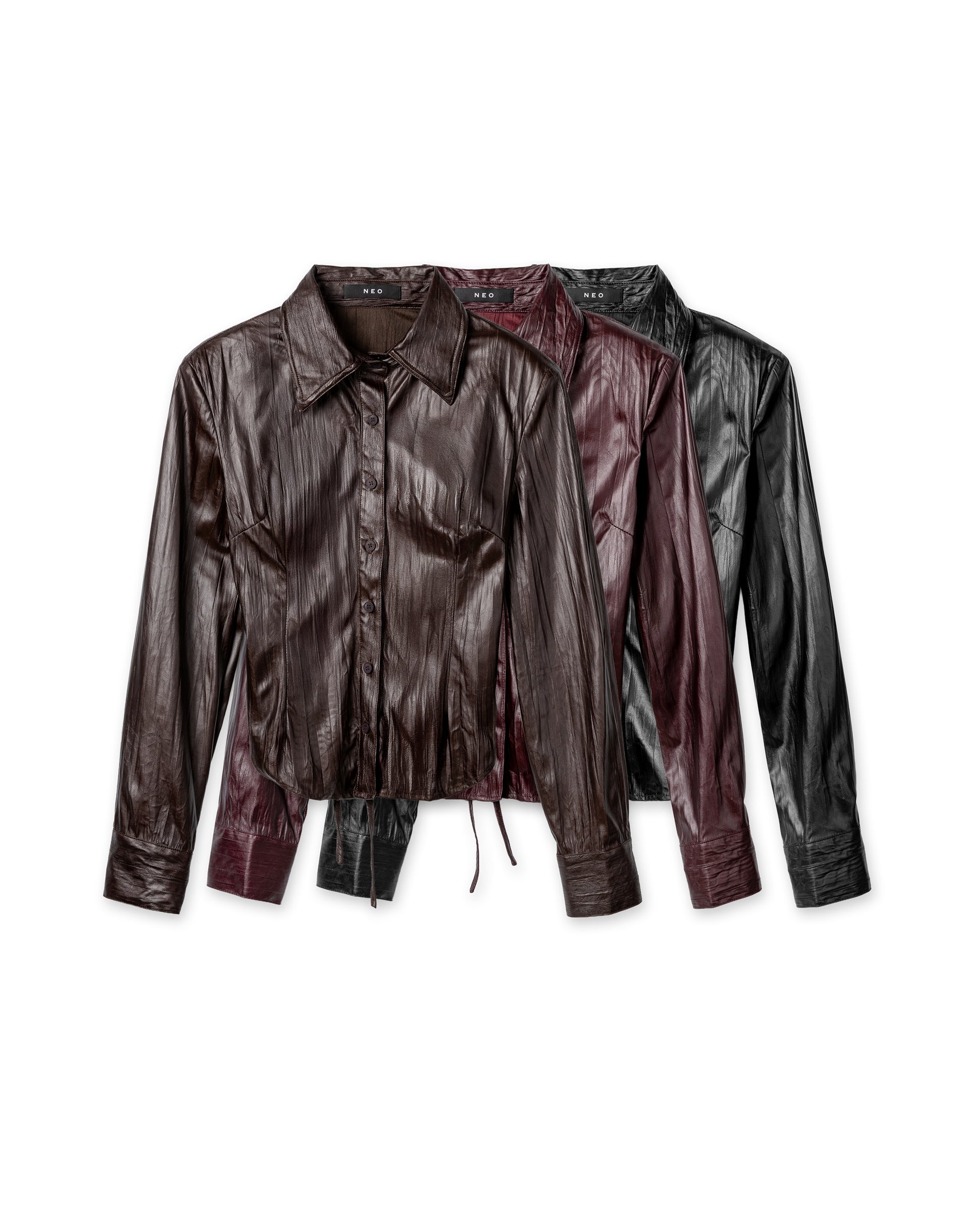 Ruched Patent-Finish Leather Shirt