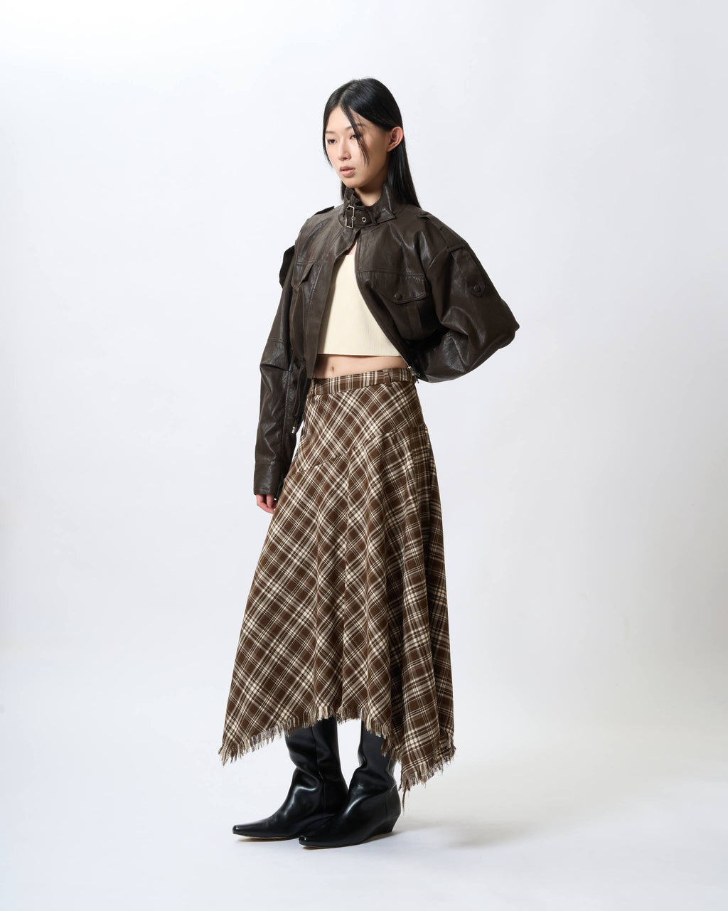 Asymmetric Fringed Plaid Skirt