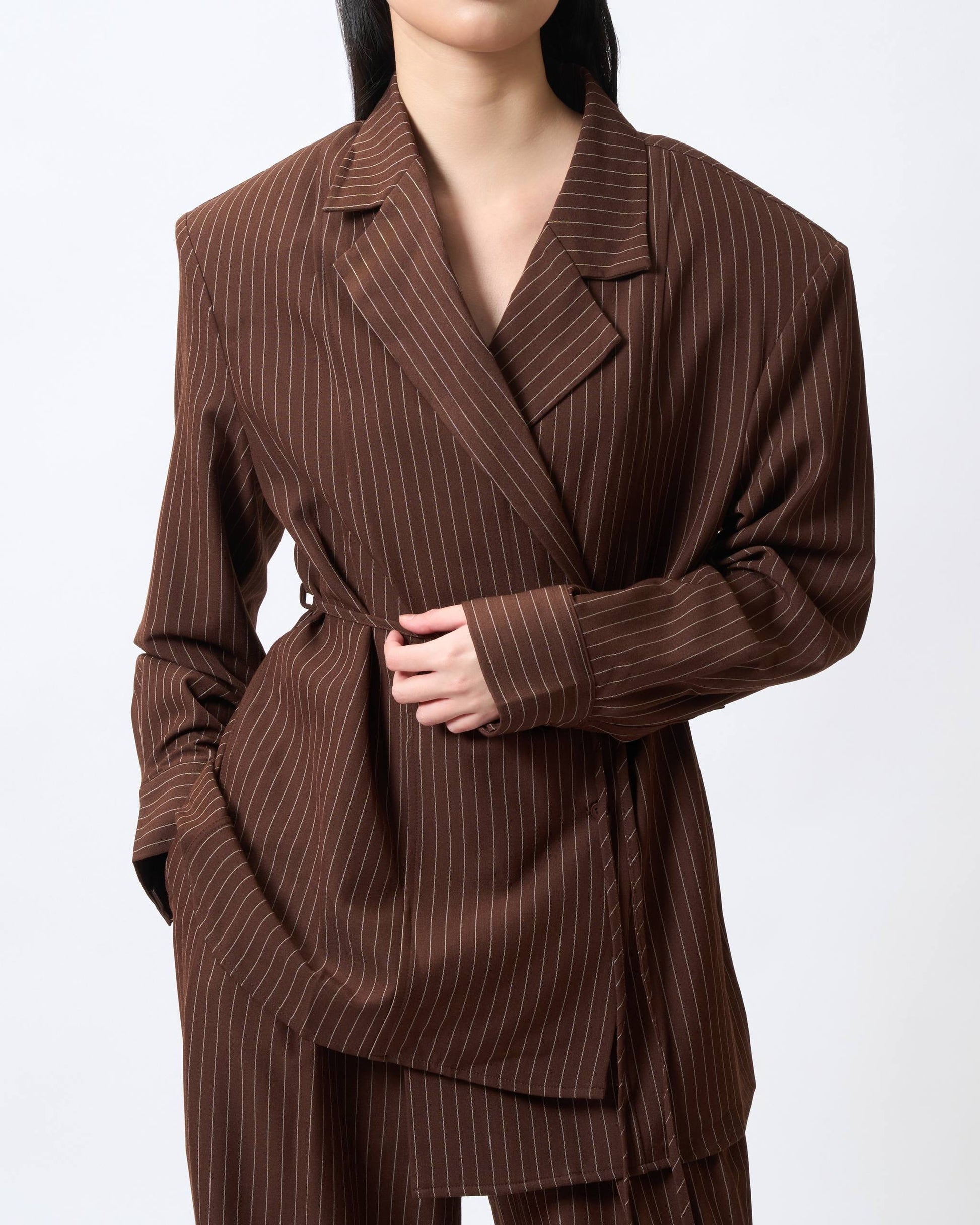 Tailored Pinstripe Tie-Front Blazer
