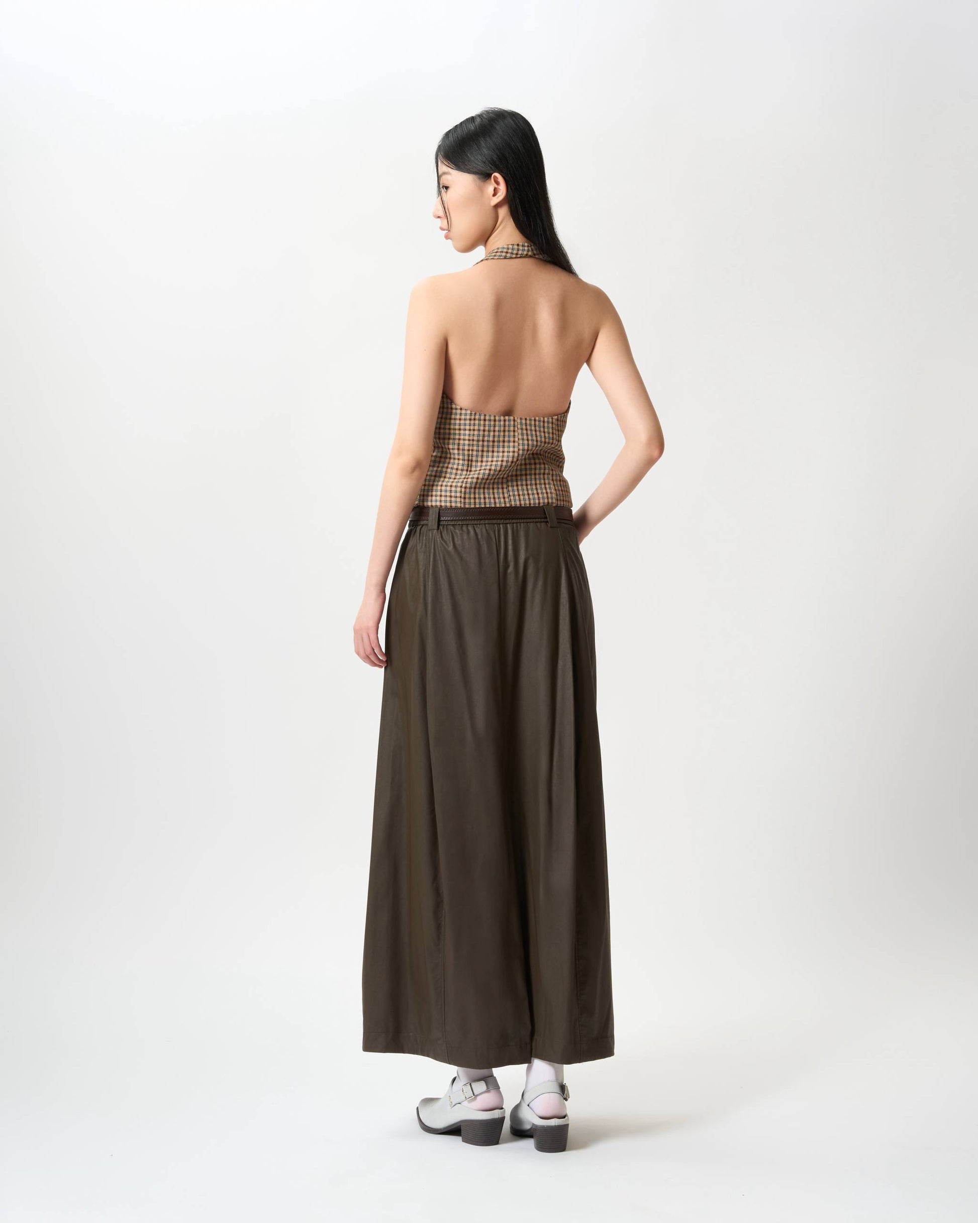 Elegantly Gathered Coated Maxi Skirt