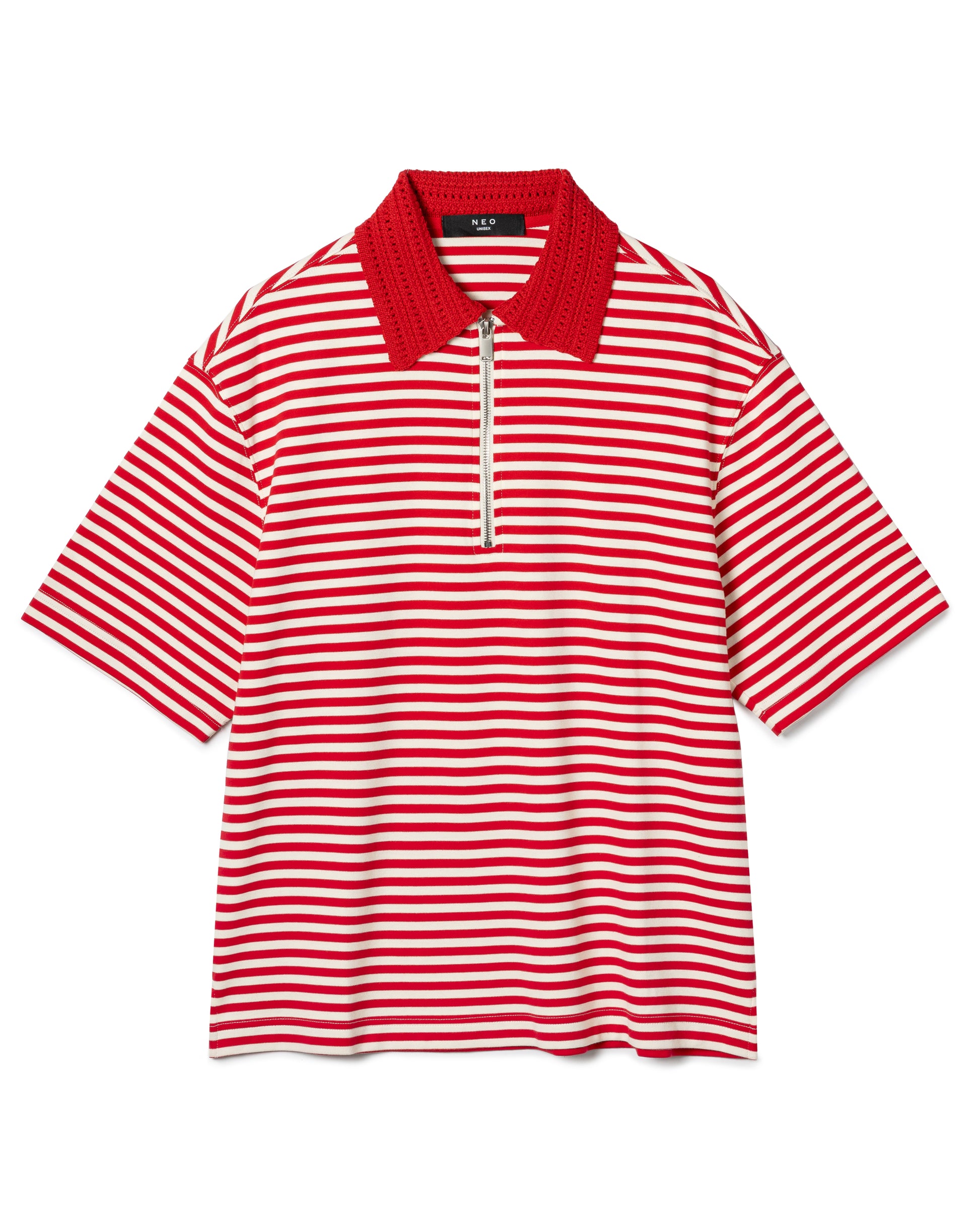 Retro Crochet-Collar Striped Polo