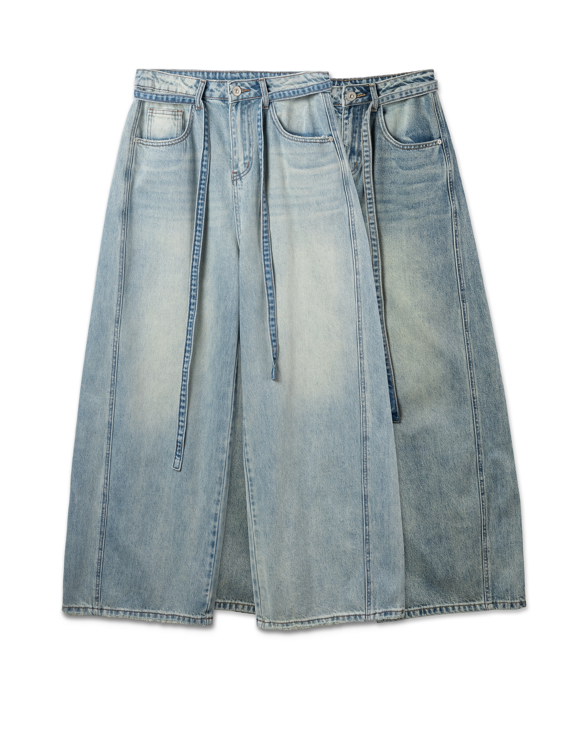 Self-Belted Wide Denim Pants