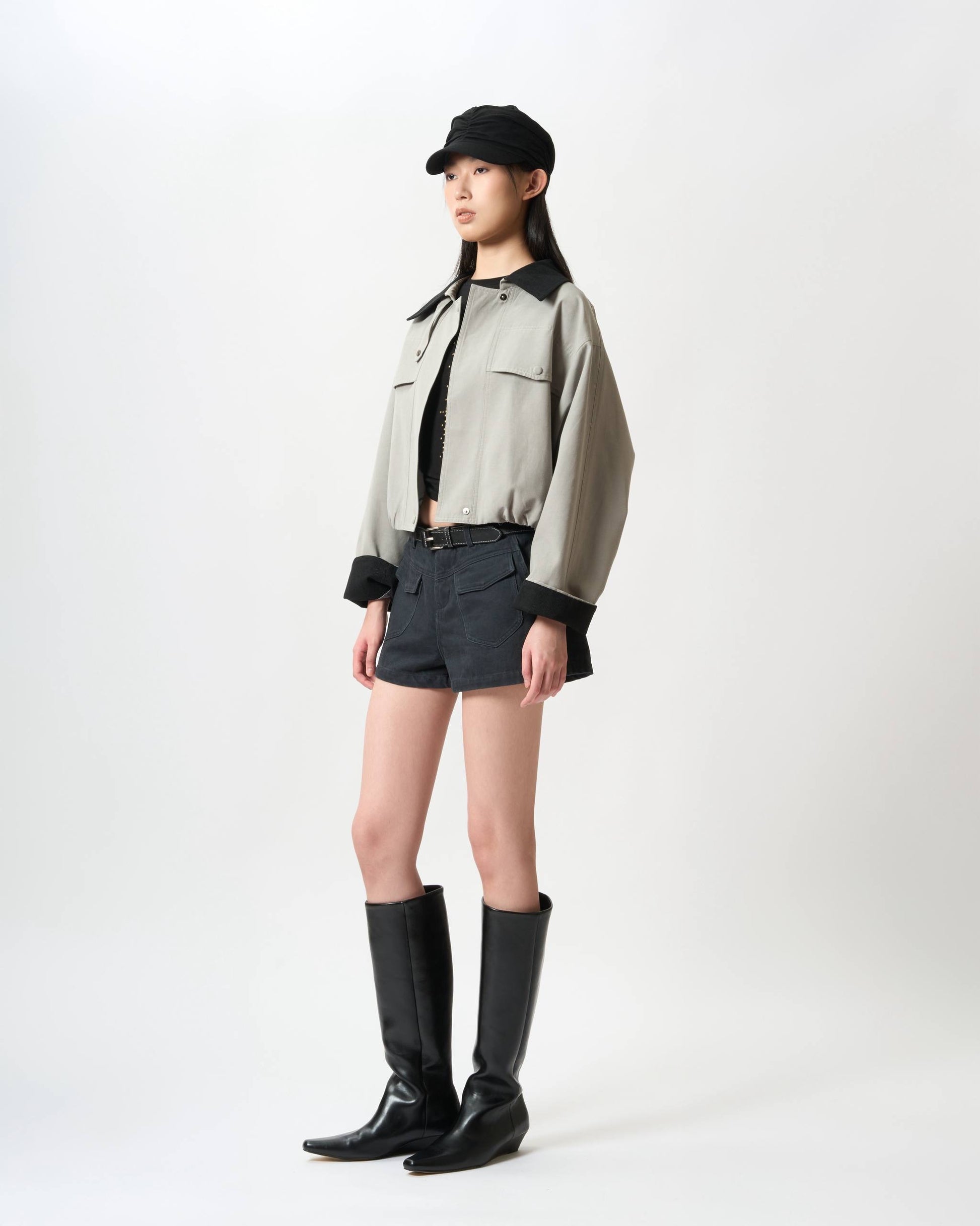 Contrast-Collar Cropped Blouson Jacket