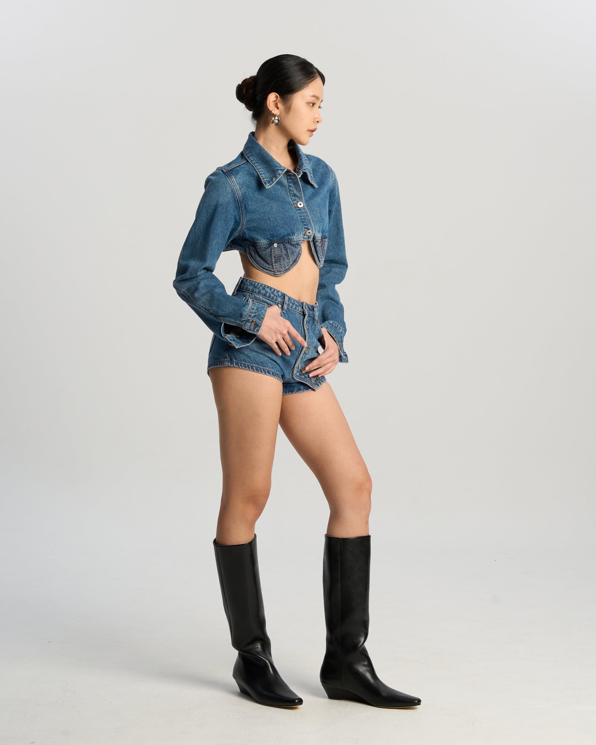 Off-Button Denim Shorts