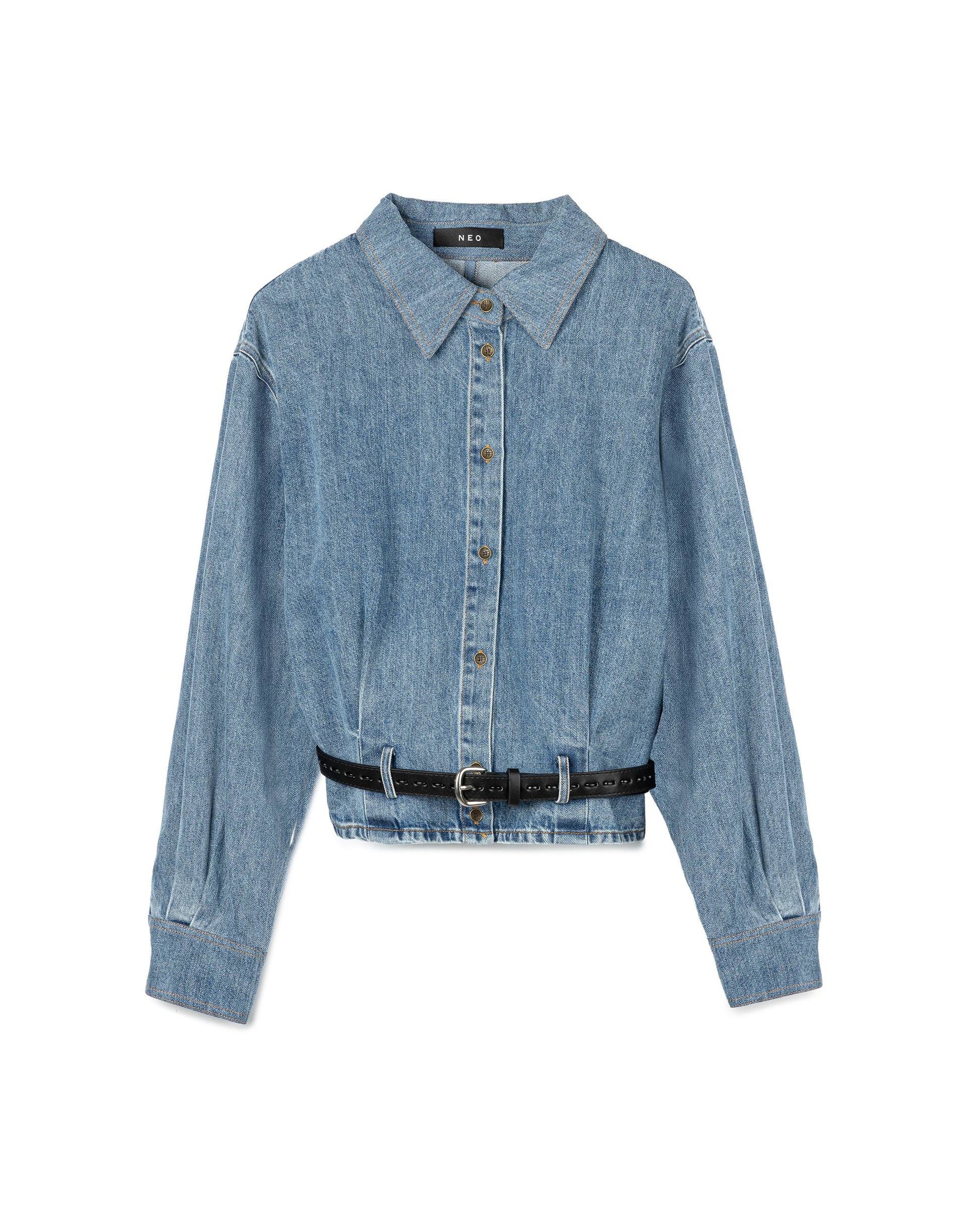 Sleek Indigo Belted Denim Shirt
