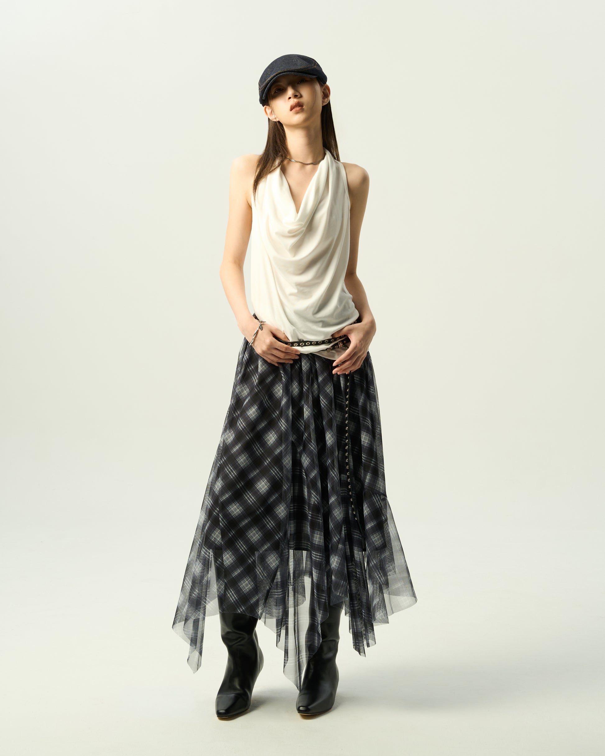Asymmetric Plaid Skirt