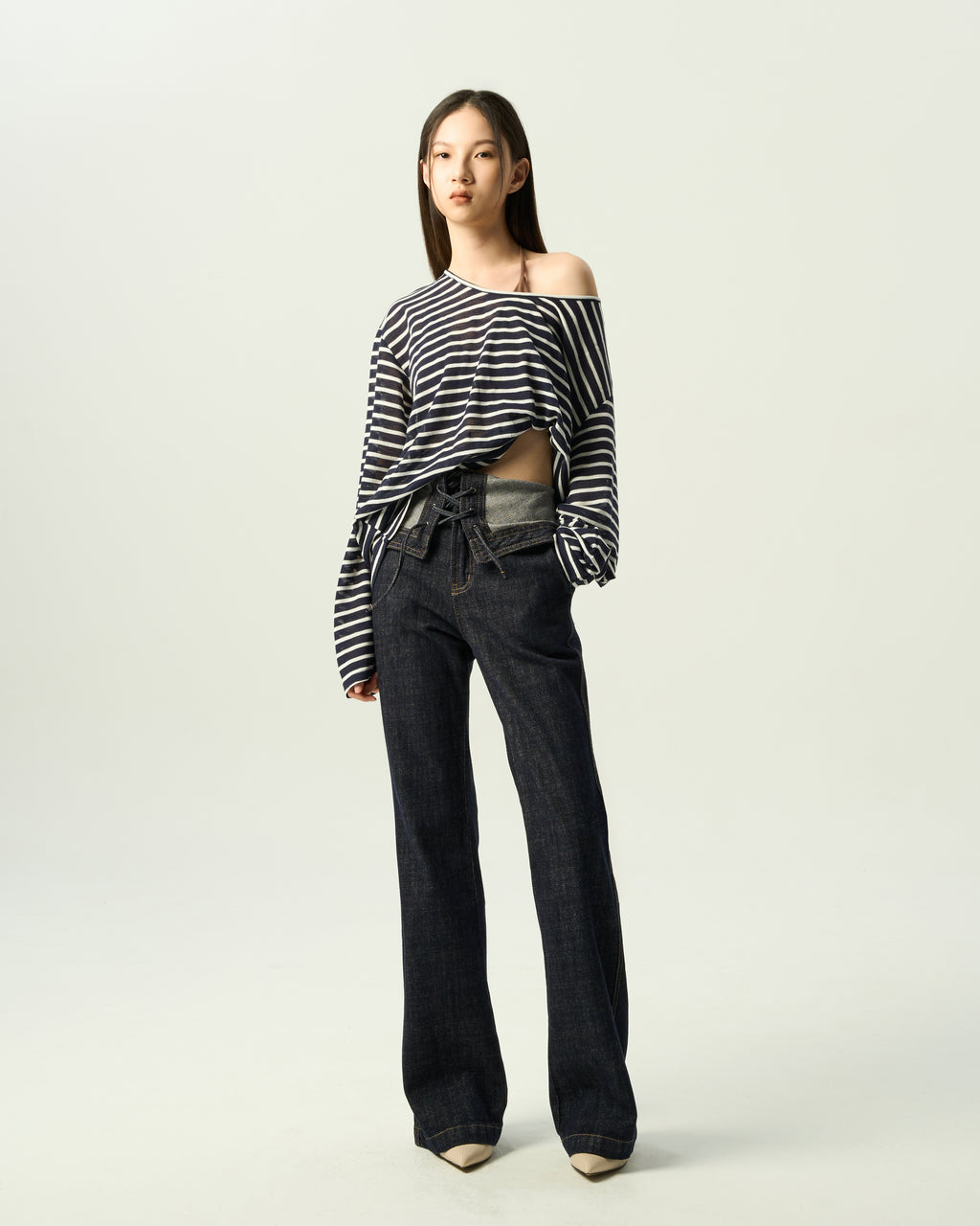 Structured Fold-Over Flare Jeans