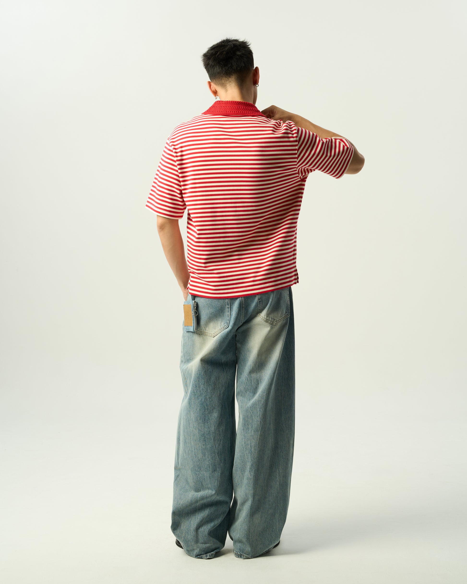 Retro Crochet-Collar Striped Polo